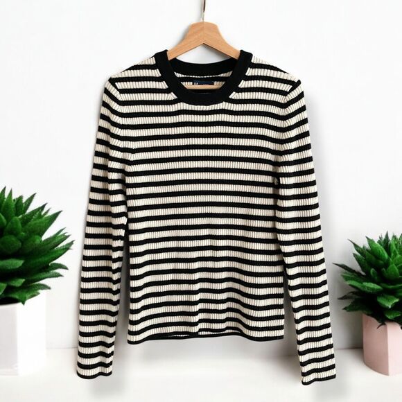 GAP Brooklyn Rib Knit Striped Crew Sweater - Black/Ivory/Gold - Picture 5 of 10